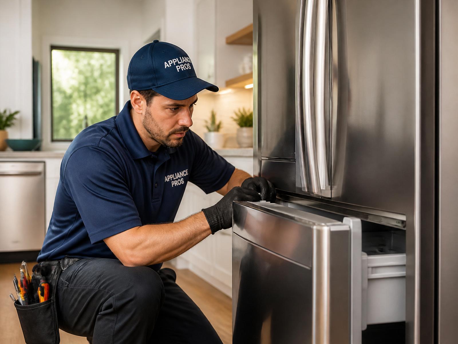 Rick Appliance Repair technician repairing a stainless steel refrigerator