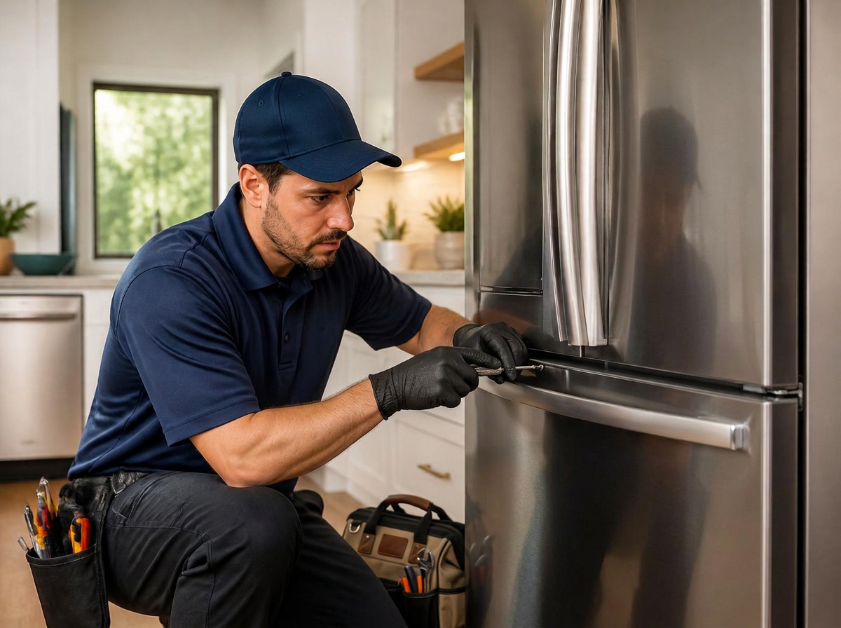 Professional appliance repair technician servicing a stainless steel refrigerator